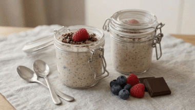 Porridge overnight con yogurt greco in barattolo con mirtilli freschi, lamponi e burro d'arachidi