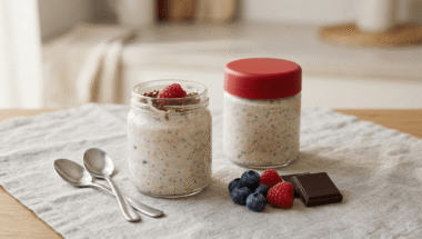 Porridge freddo in barattolo con mirtilli freschi, lamponi e burro d'arachidi