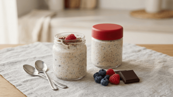 Porridge freddo in barattolo con mirtilli freschi, lamponi e burro d'arachidi
