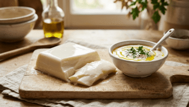 Blocco di tofu vellutato su tagliere di legno con ciotola di crema bianca condita con olio d'oliva e prezzemolo fresco