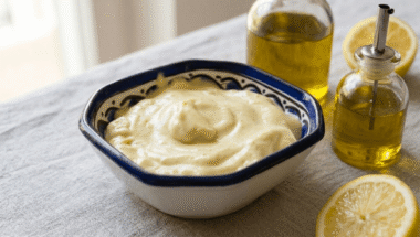 Maionese vegana senza uova in ciotola con limone e oliera