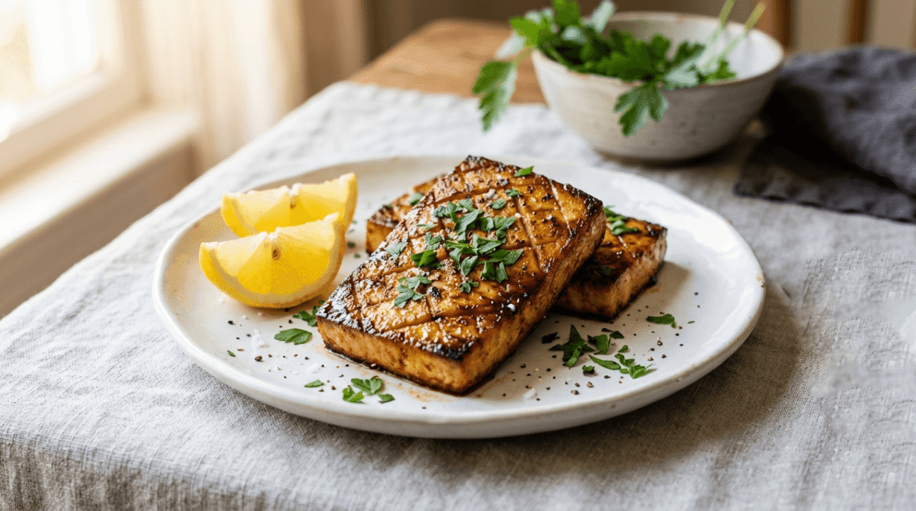 Tofu marinato sapore di pesce vegano