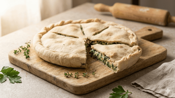 Torta salata con pasta matta con latte di soia, fetta aperta con ripieno di spinaci e ricotta