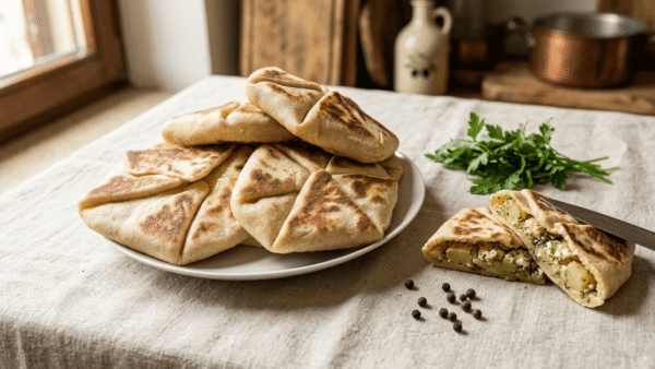 Placinte moldave cotte in padella su piatto bianco, con una placinta aperta che mostra il ripieno di bietole e ricotta