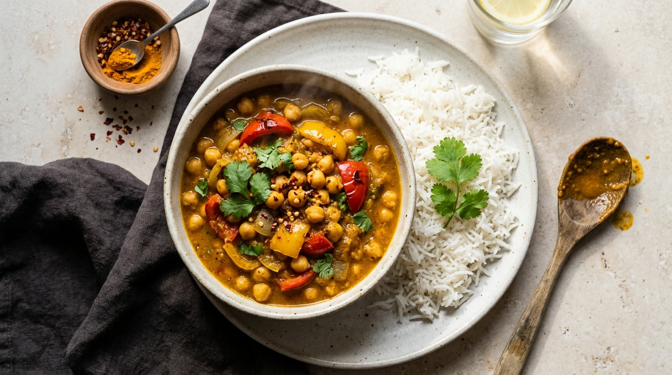 curry di ceci e peperoni senza latte di cocco con riso basmati