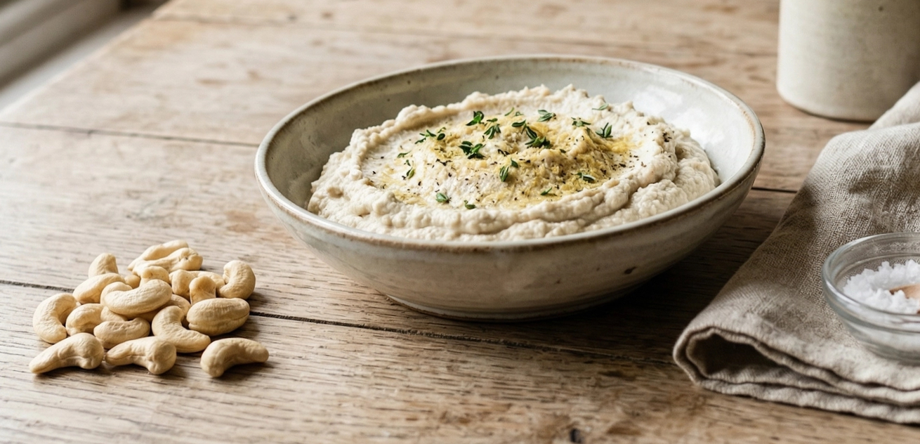 Ricotta vegana di anacardi cremosa in ciotola