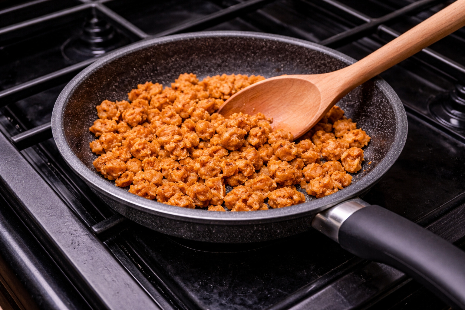 salsiccia vegana fatta in casa di soia rosolata in padella