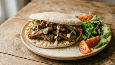 Kebab vegano in padella: seitan con spezie mediorientali e maionese vegana