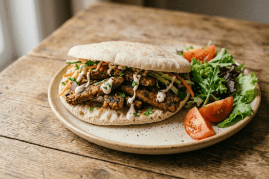 Kebab vegano in padella: seitan con spezie mediorientali e maionese vegana