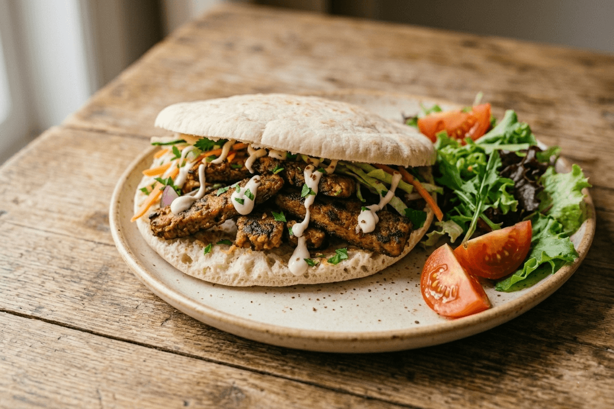 Kebab vegano in padella: seitan con spezie mediorientali e maionese vegana