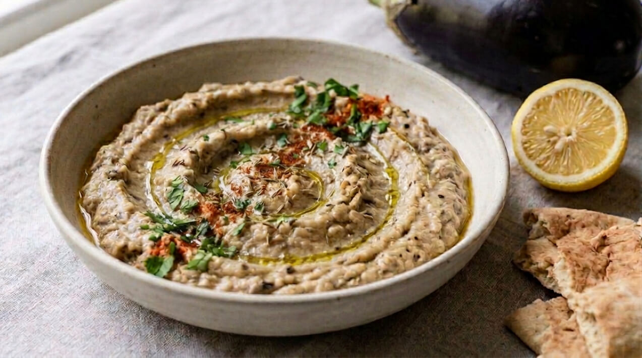 Baba ganoush in friggitrice ad aria: crema di melanzane