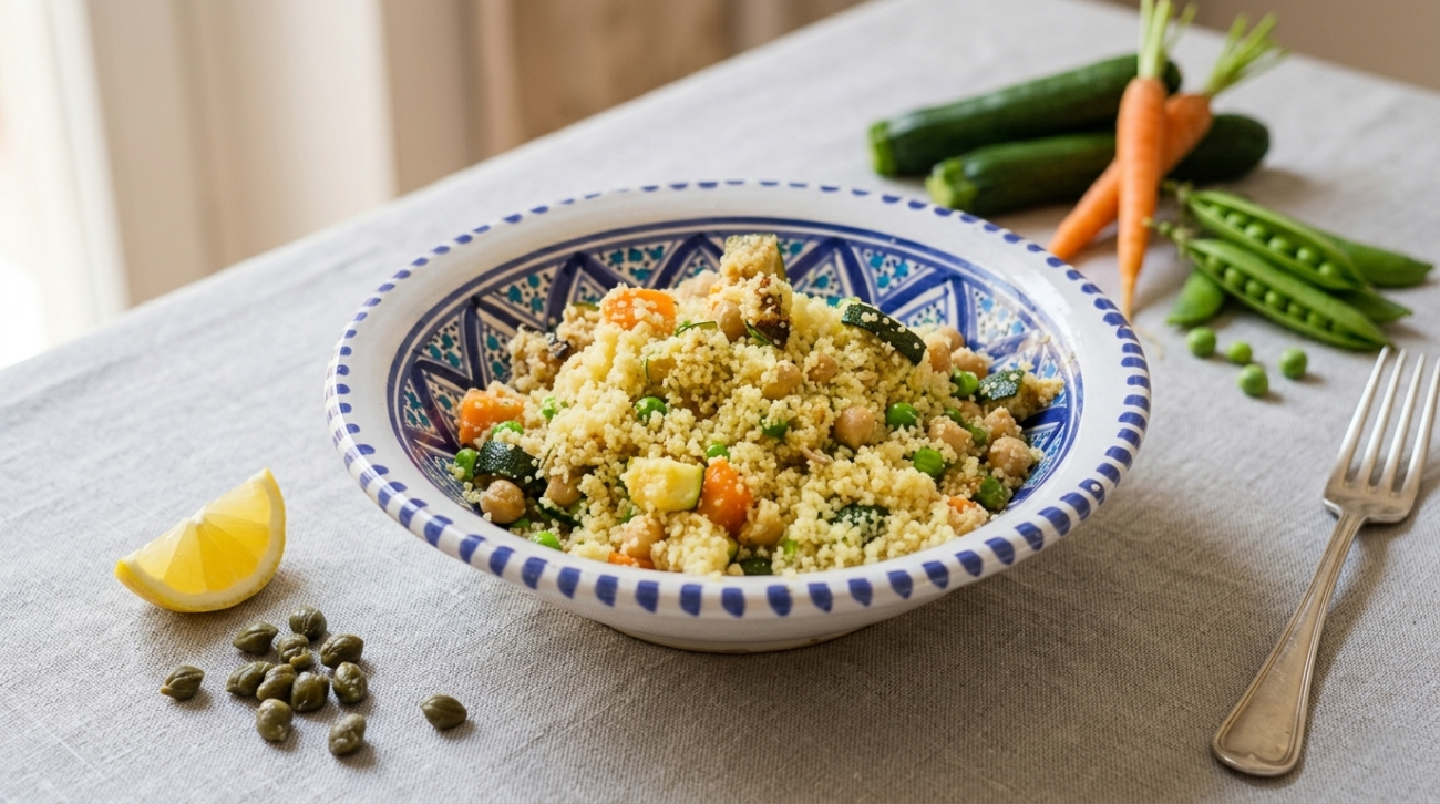 Cous cous primaverile vegano con ceci e verdure di stagione