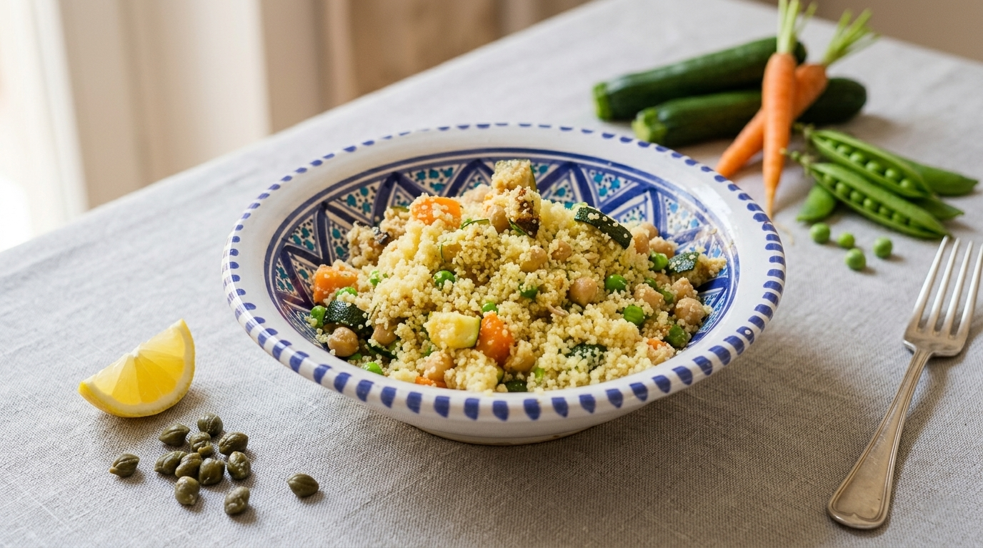 cous cous primaverile light con ceci tostati e piselli