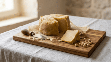 formaggio vegano di ceci stagionato su tagliere