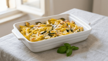 pasta al forno primaverile light con salsa al basilico e zucchine