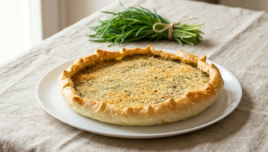 torta salata vegetariana con barba di frate appena sfornata, superficie dorata