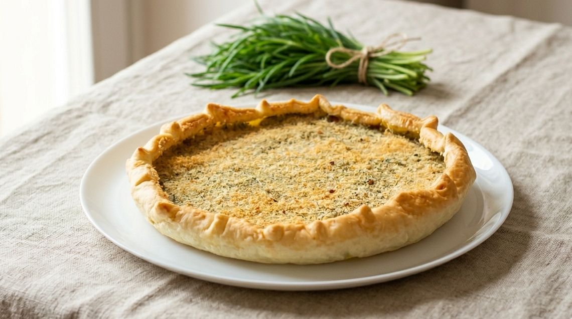 torta salata vegetariana con barba di frate appena sfornata, superficie dorata