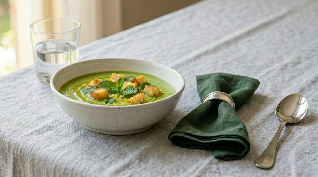 vellutata primaverile di piselli e menta con crostini all'aglio