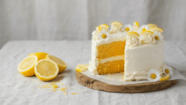 Torta al limone senza uova a due dischi con crema al burro al limone: curcuma per il colore giallo. Soffice, profumata, senza latticini.