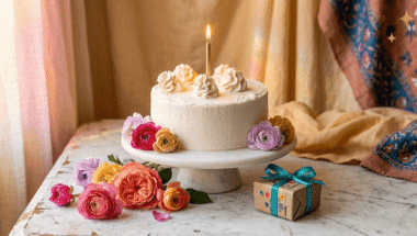 Torta di compleanno vegana alta e soffice con frosting bianco e candeline, su alzata in marmo