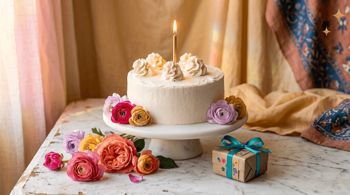 Torta di compleanno vegana alta e soffice con frosting bianco e candeline, su alzata in marmo