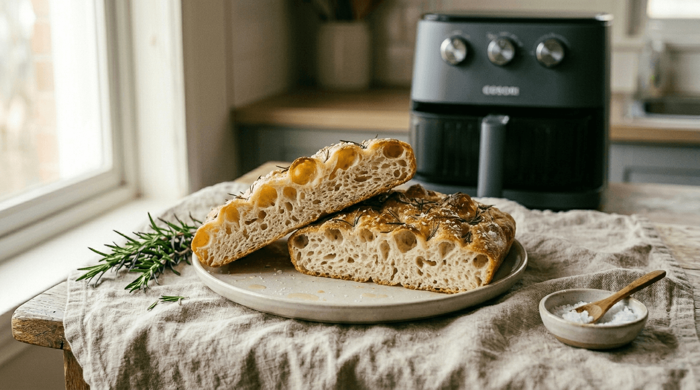 interno alveolato della focaccia di patate in friggitrice ad aria