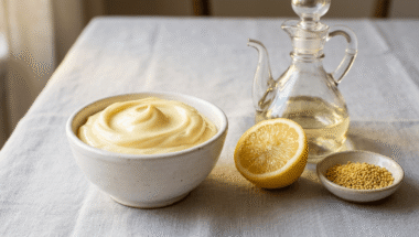 Ciotola di maionese vegana cremosa con oliera, limone e lecitina di soia in granuli