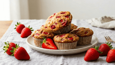 muffin vegano con fragole fresche in superficie, soffice e dorato