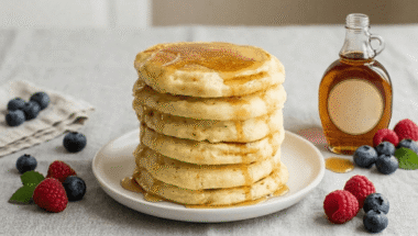 pancake vegani soffici impilati con sciroppo d'acero