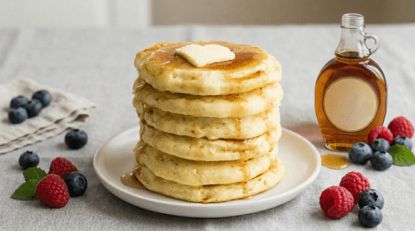 pancake vegani soffici impilati con sciroppo d'acero