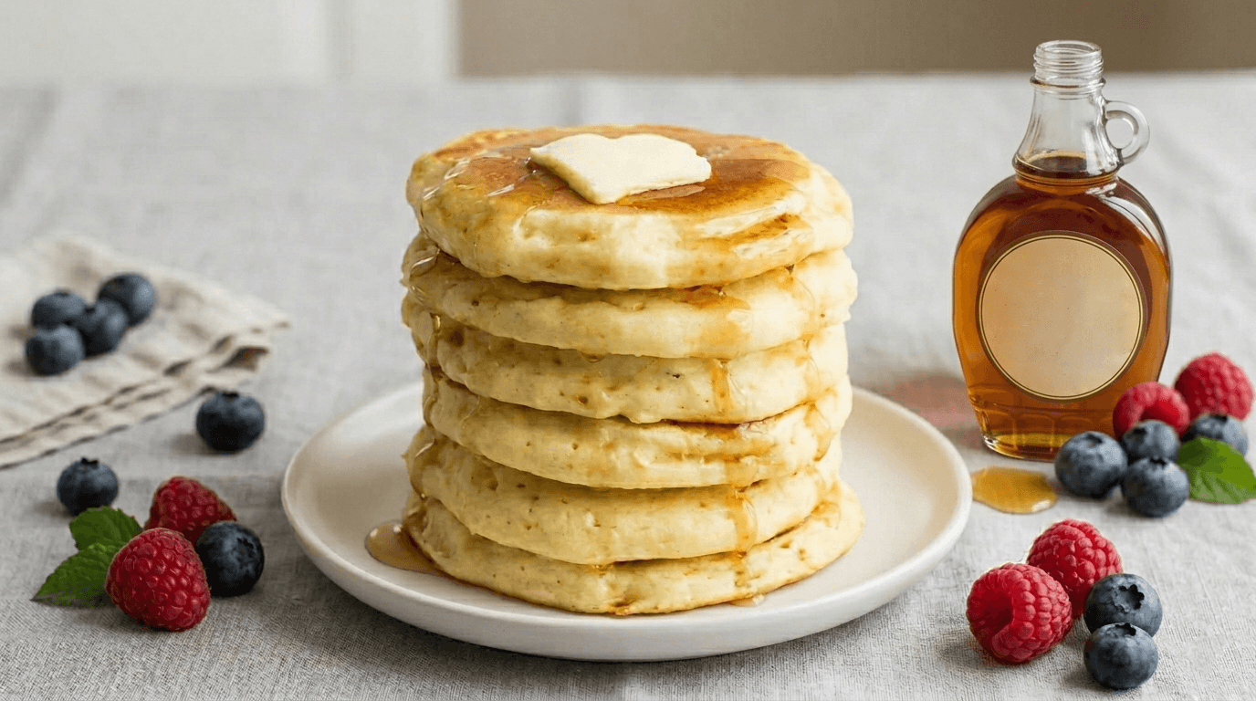 pancake vegani soffici impilati con sciroppo d'acero