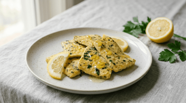 scaloppine di tofu al limone con prezzemolo fresco, ricetta vegana veloce