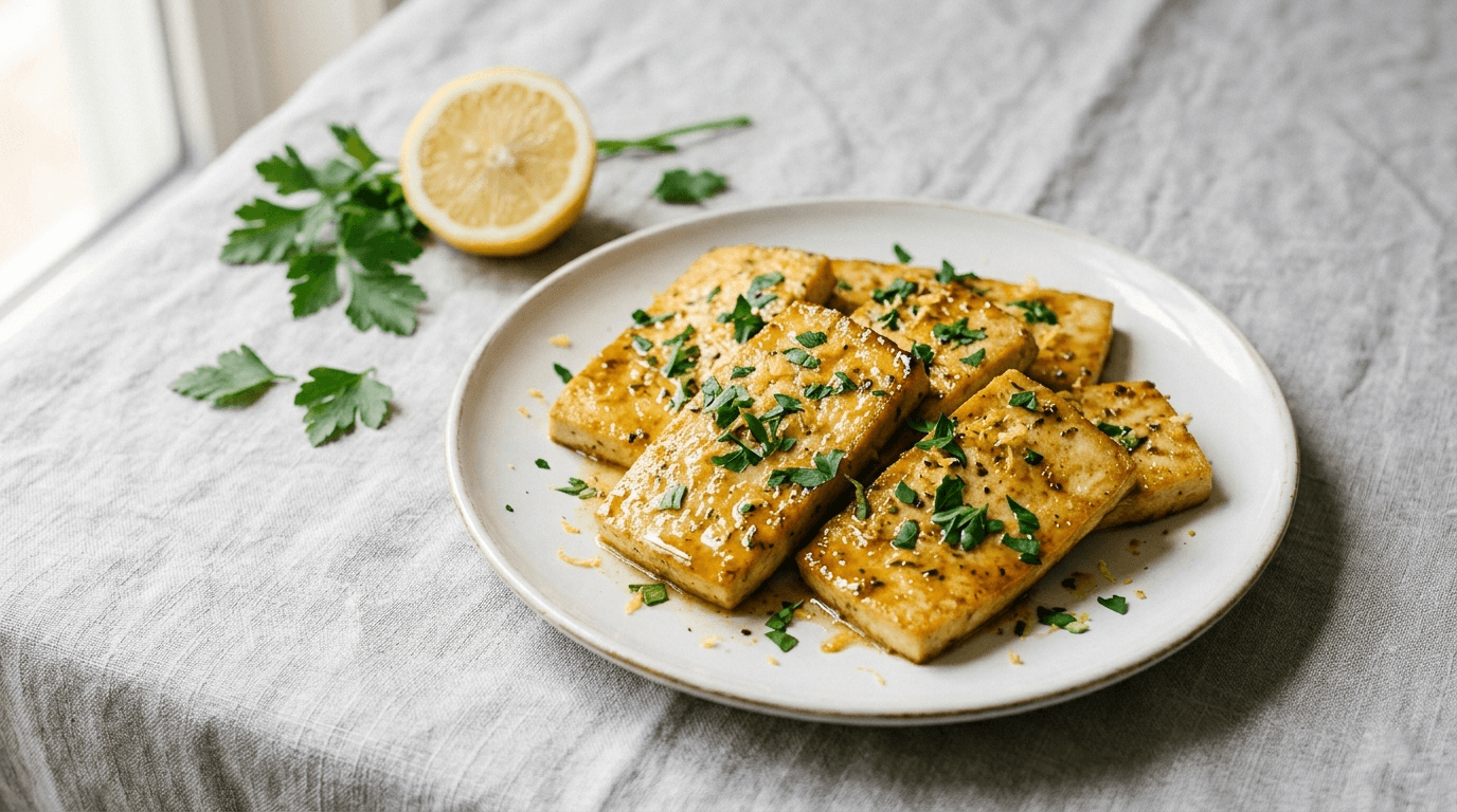 scaloppine di tofu al limone con prezzemolo fresco, ricetta vegana veloce