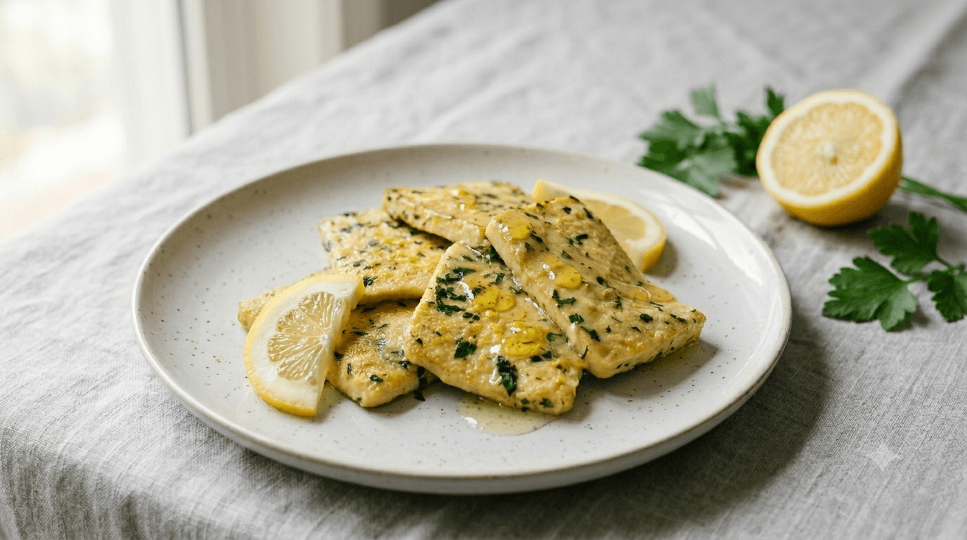 scaloppine di tofu al limone con prezzemolo fresco, ricetta vegana veloce