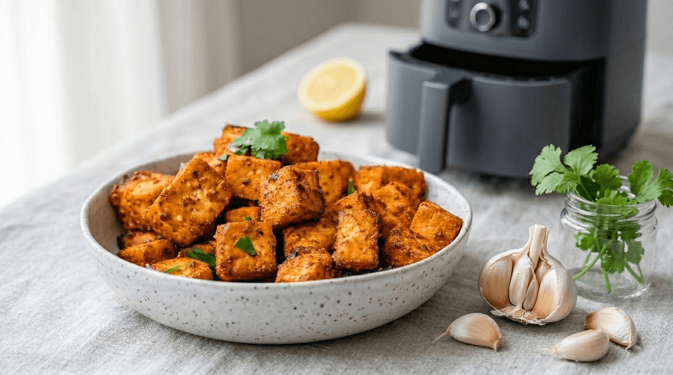 tofu in friggitrice ad aria croccante al limone e aglio