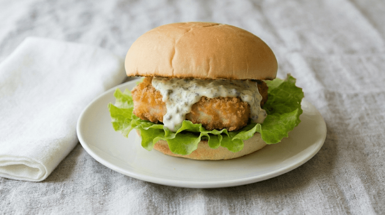 Burger vegano di tofu al sapore di pesce con panatura
