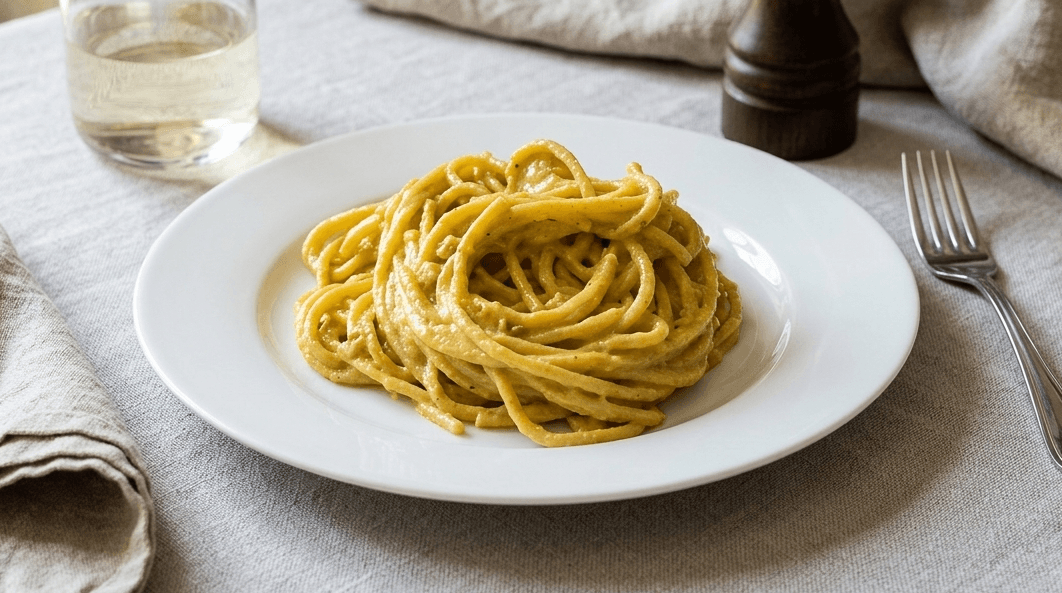 carbonara vegana cremosa con farina di ceci