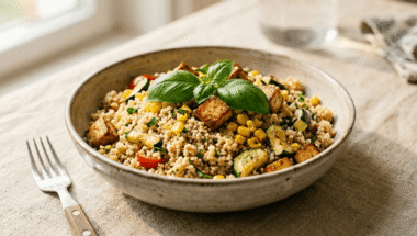couscous estivo vegano con tofu affumicato e zucchine in ciotola