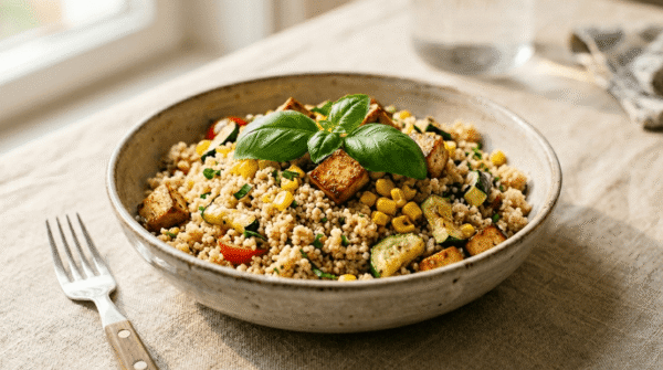 couscous estivo vegano con tofu affumicato e zucchine in ciotola