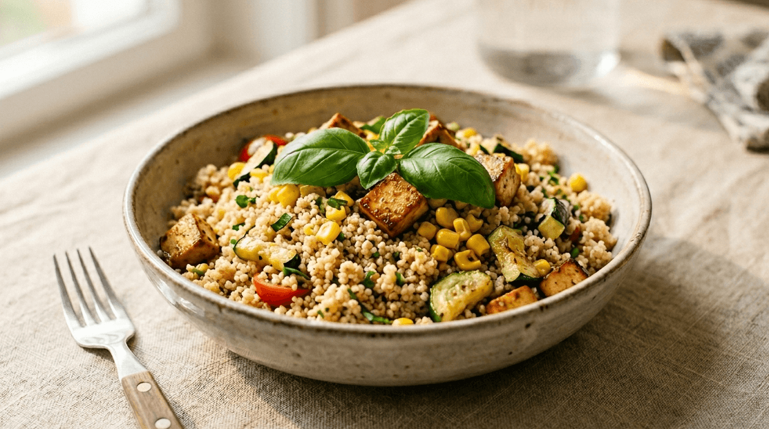 couscous estivo vegano con tofu affumicato e zucchine in ciotola