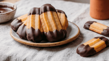 Biscotti di frolla montata vegani con la punta intinta nel cioccolato fondente