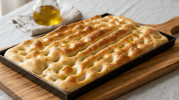 focaccia genovese fatta in casa, alta e dorata nella teglia