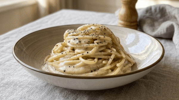 cacio e pepe vegana con crema di anacardi