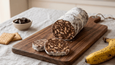 salame di cioccolato vegano a fette su tagliere