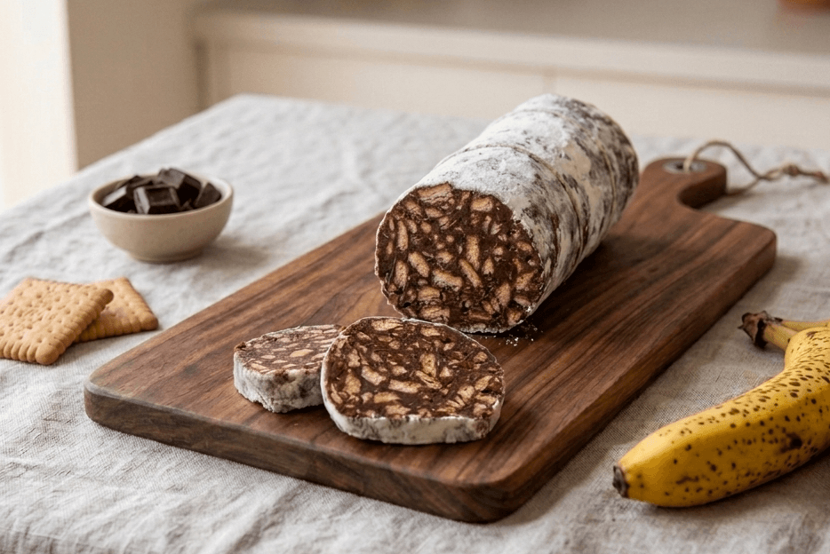 salame di cioccolato vegano a fette su tagliere